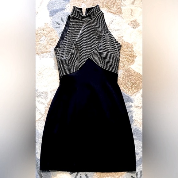 TADASHI Vtg 90s Mini Halter Dress Black/ Silver Pinstripe Crossed Bodice CL3 - Picture 3 of 9